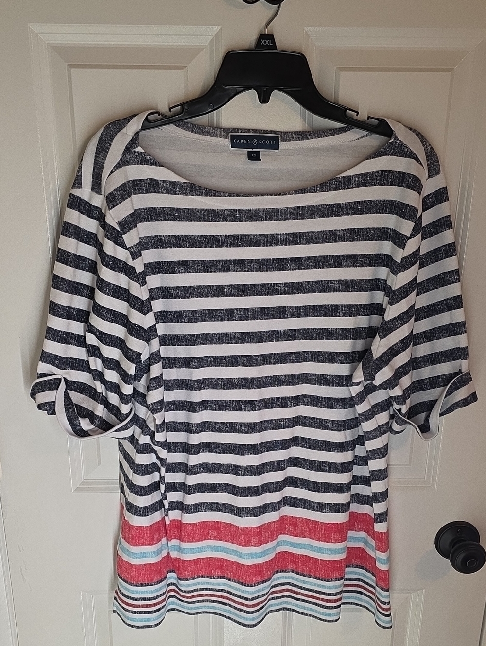 Karen Scott Striped Scoop-Neck Tunic in Navy, White & Coral